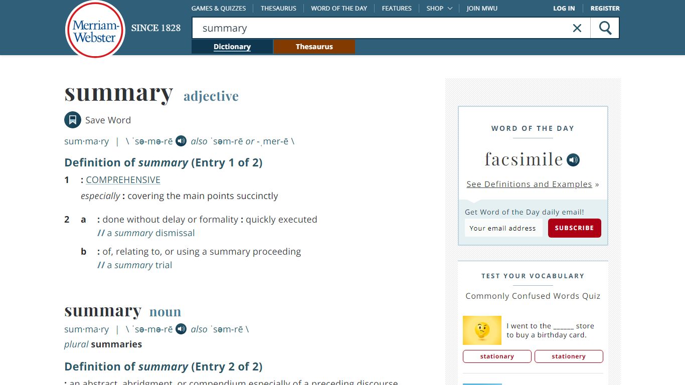 Summary Definition & Meaning - Merriam-Webster